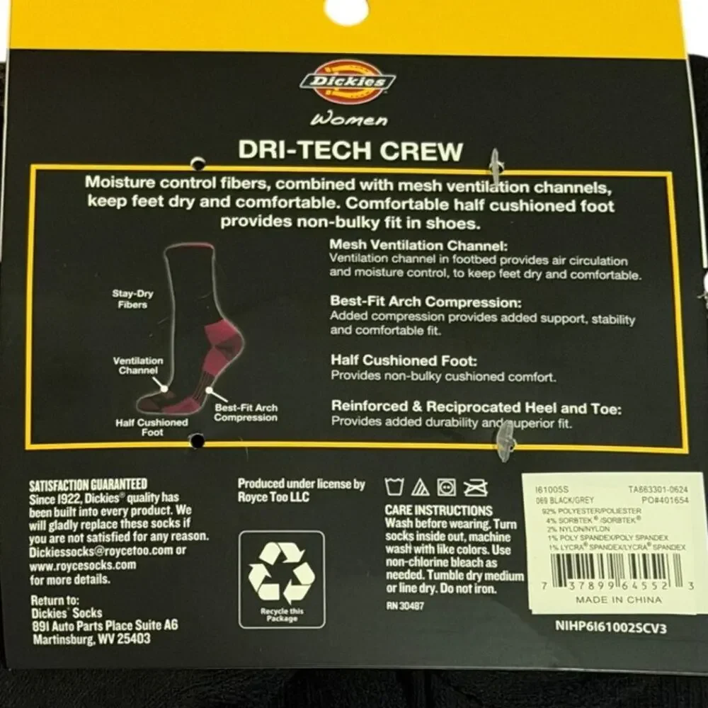 Dickies Women's 4-6 Black Gray Dri Tech Crew All Day Comfort Socks